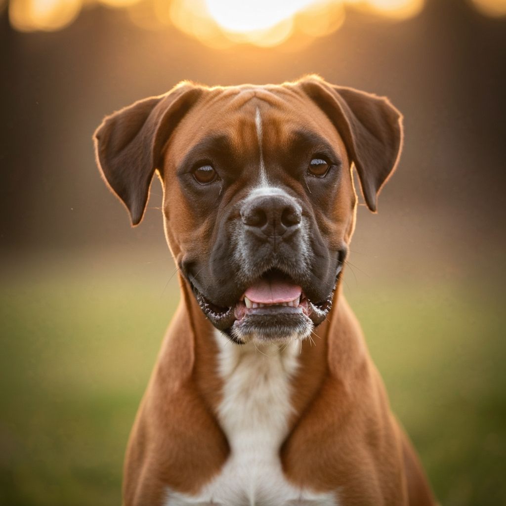 Beautiful fawn boxer dog in golden light