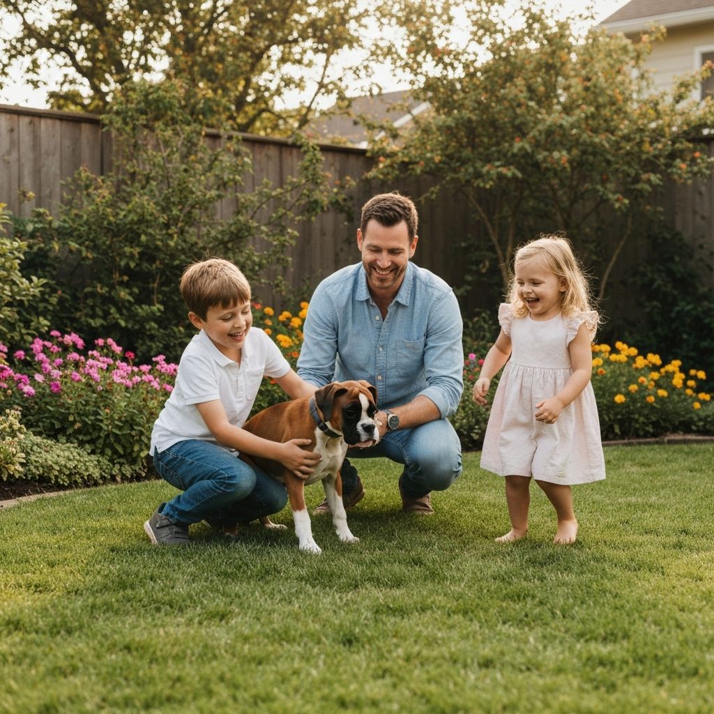 Happy family with their new boxer puppy